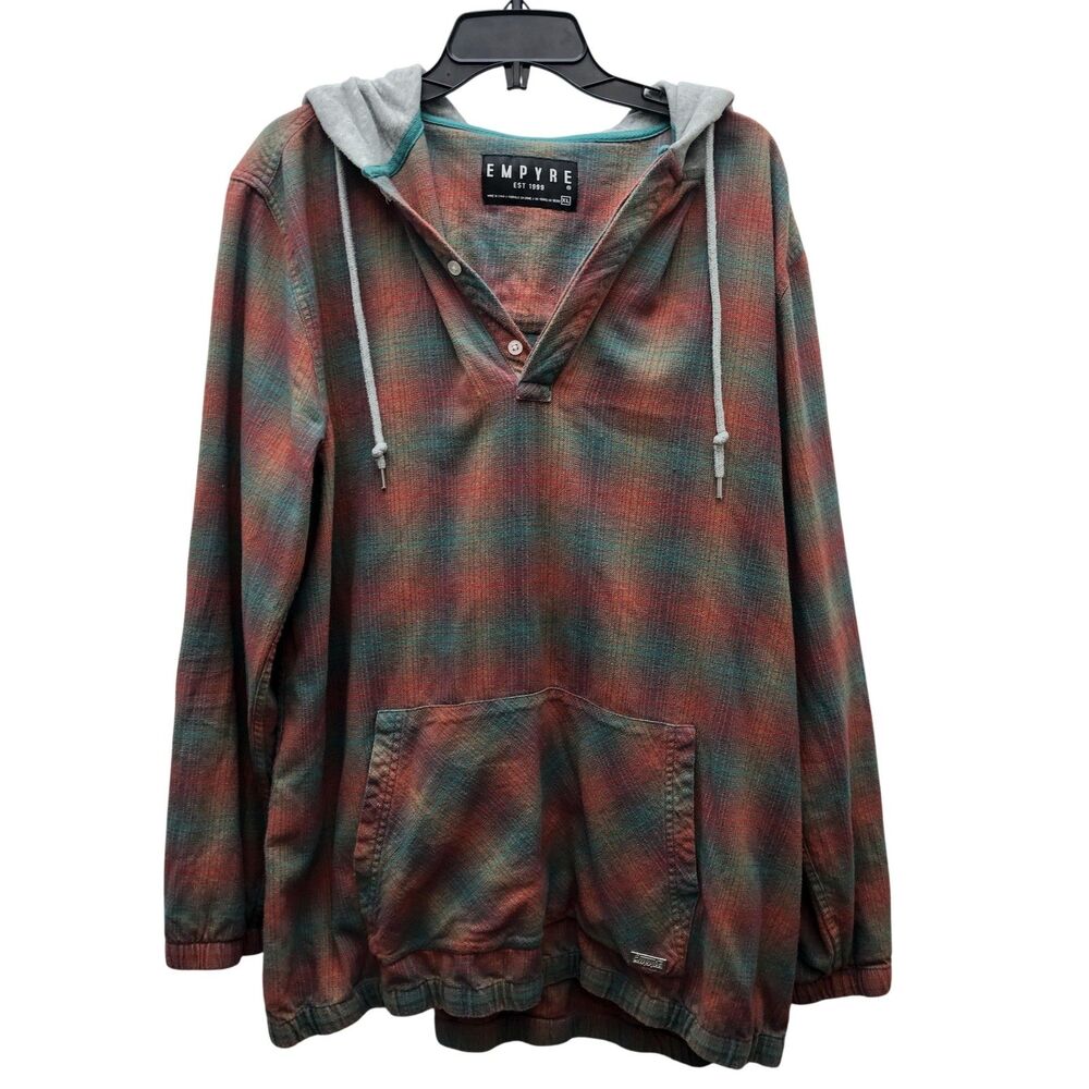 Empyre Hoodie Pullover Mens XL Red Green Plaid Flannel Kangaroo Pocket Casual